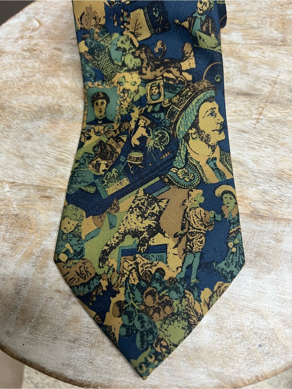 Ermenegildo Zegna Navy and Gold Patterned Silk Tie with Portrait Motif
